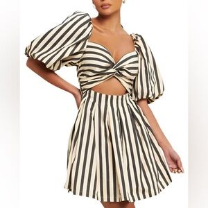 Striped A-line Cute Puff Sleece Mini Dress.